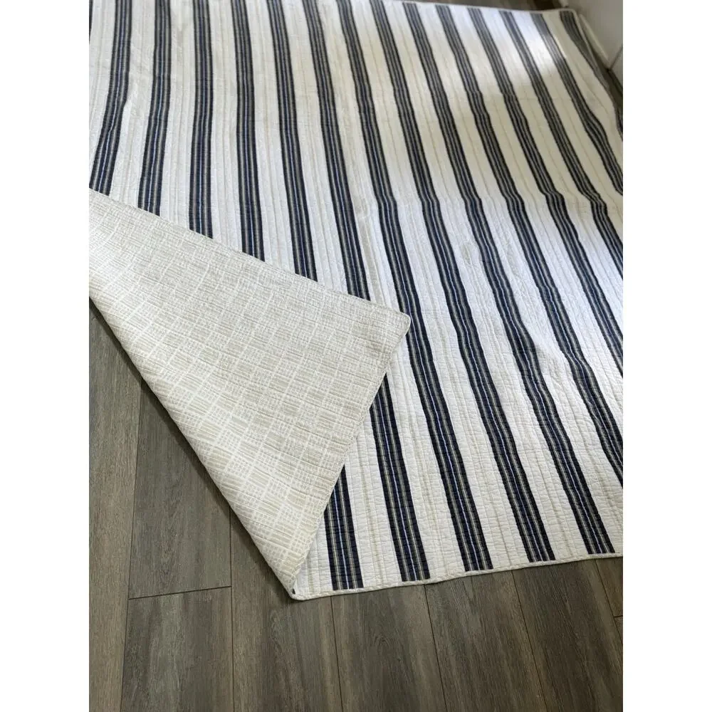 Cotton Striped Coastal Quilt 84”x85” Reversible Blue Beige Full Queen Cottage